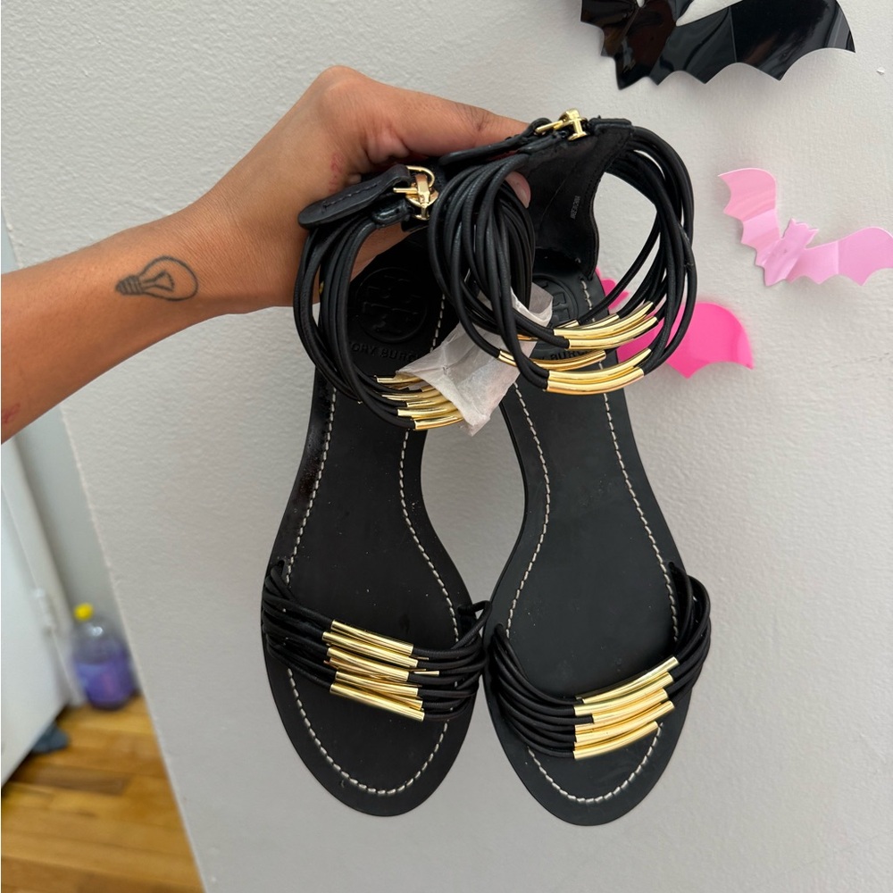 Tory Burch Black and Gold Sandals